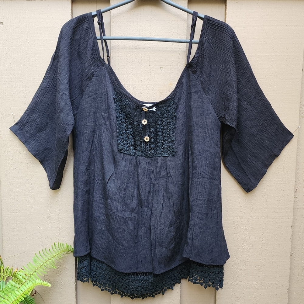 Tobi Gauzy Peasant Blouse Sz Sm Lace Trim Black Lined Flowy Boho Whimsigoth